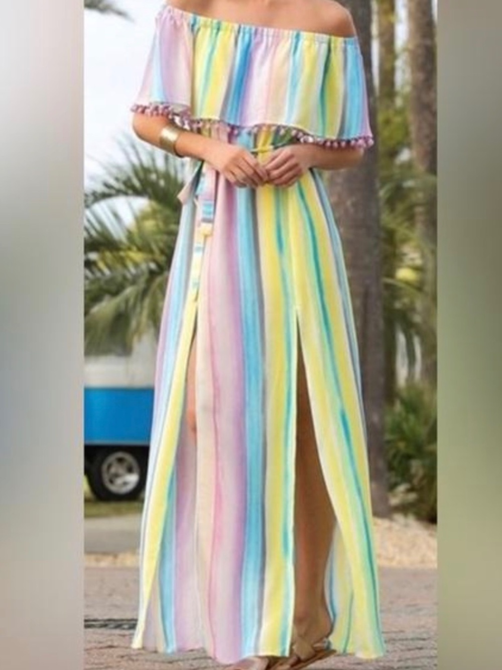 BuddyLove Shelly Unicorn Rainbow Stripe Off Shoulder Maxi Dress